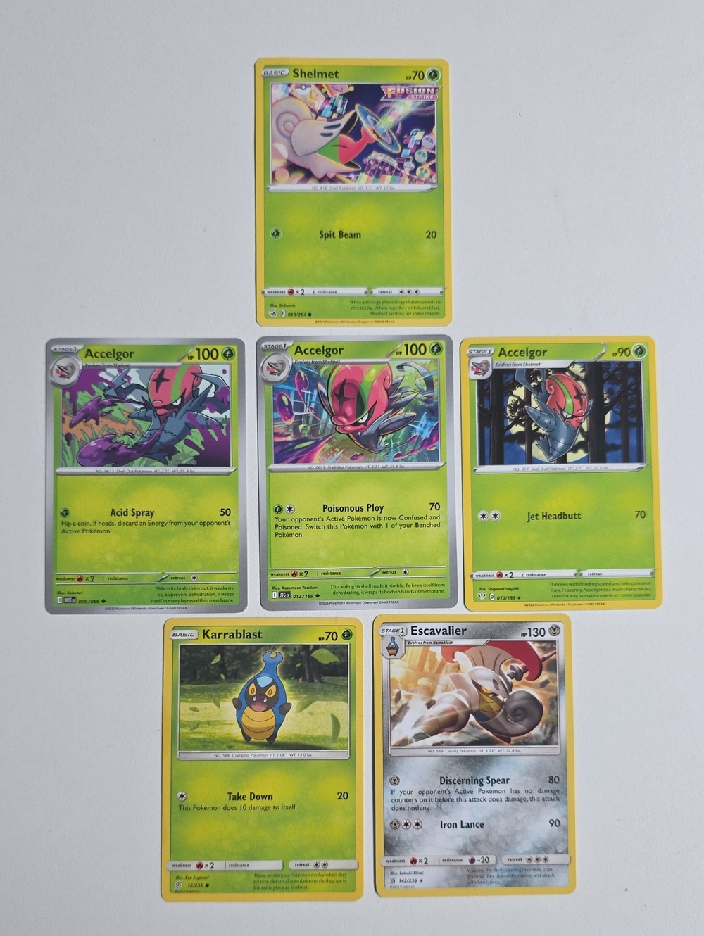 Pokemon Shelmot, Accelgor, Karranlast, And Escavalier Cards
